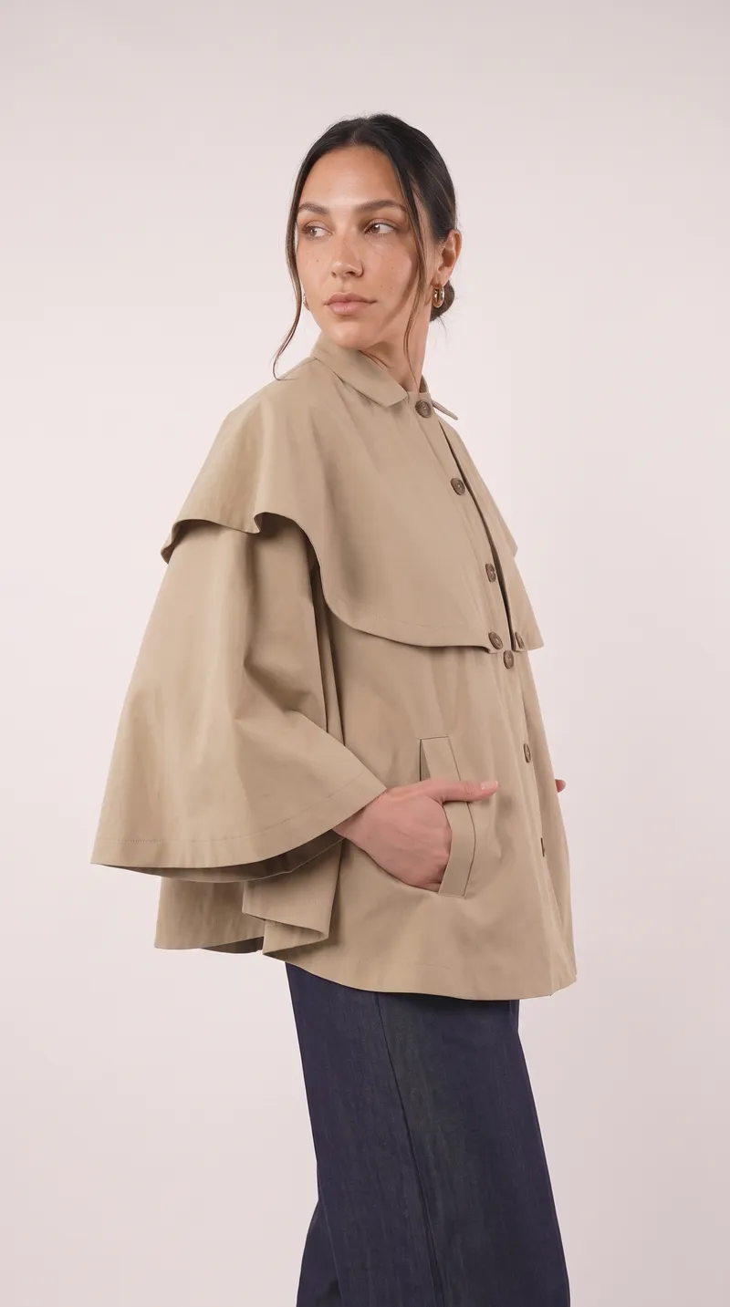 Veste-cape courte portée en studio, sur fond clair