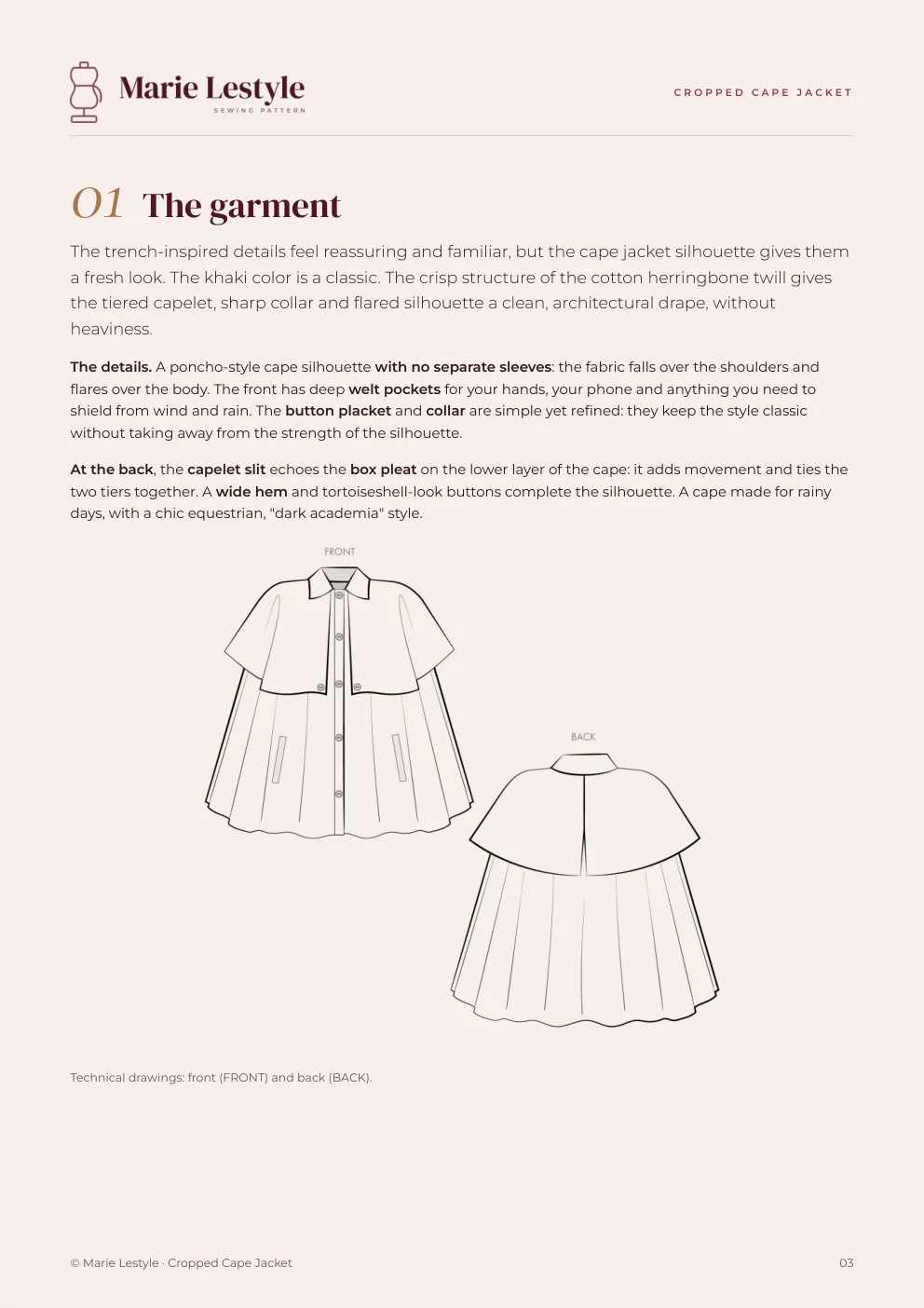 Cropped Cape Jacket guide: the garment and its technical drawings