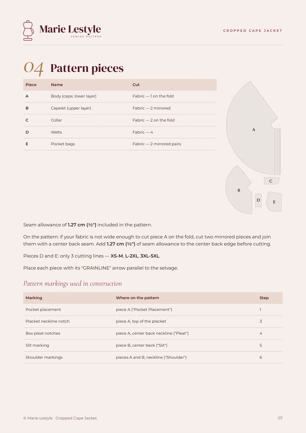 Cropped Cape Jacket guide: the pattern pieces and how to cut them