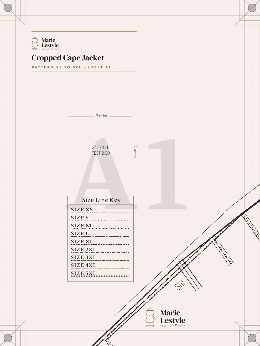 First sheet of the Cropped Cape Jacket pattern, with the test square and size line key