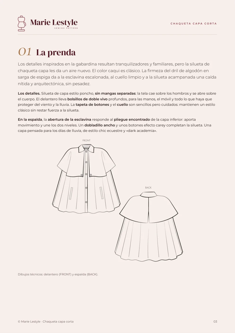 Guía de la Chaqueta capa corta: la prenda y sus dibujos técnicos