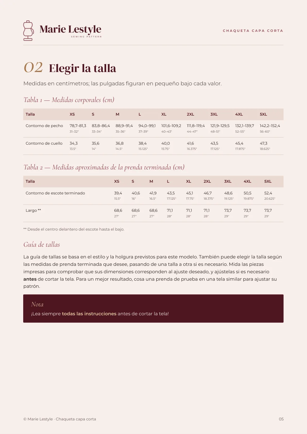 Guía de la Chaqueta capa corta: elegir la talla, tablas de la XS a la 5XL