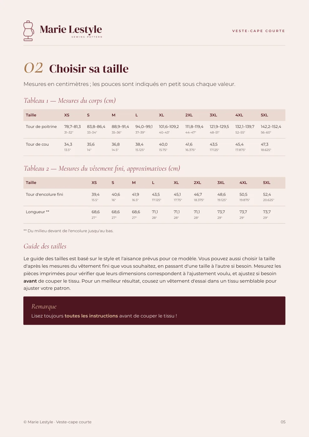 Guide de la Veste-cape courte : le tableau des tailles du XS au 5XL