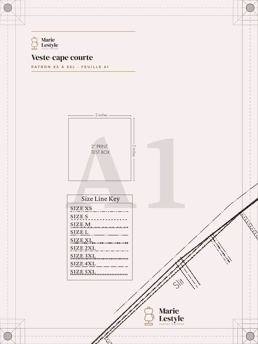 Première feuille du patron Veste-cape courte, avec le carré test et la légende des tailles