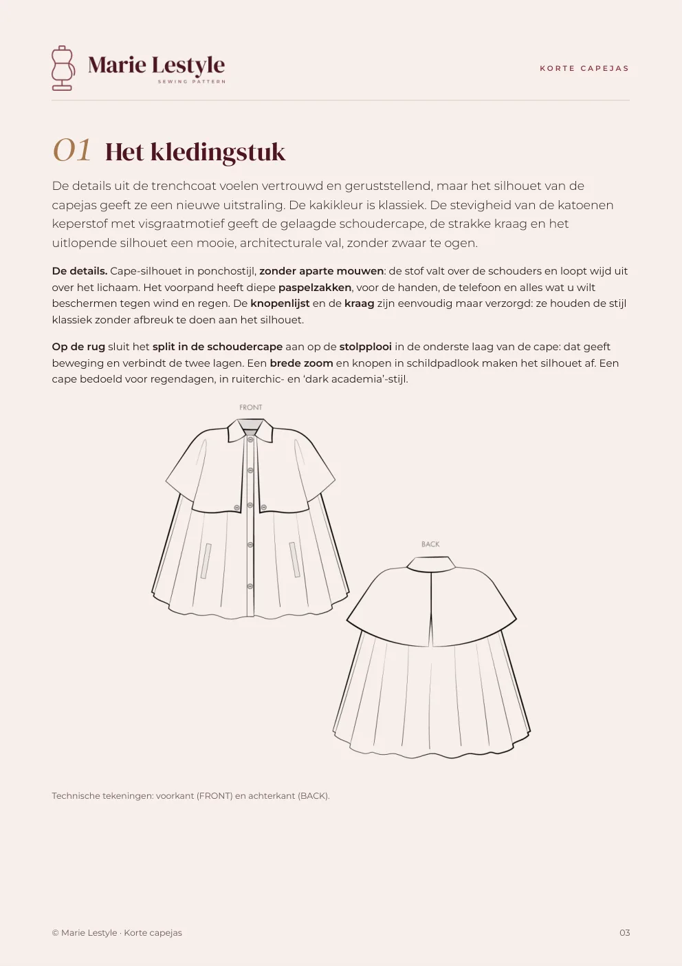 Handleiding van de Korte capejas: het kledingstuk en de technische tekeningen