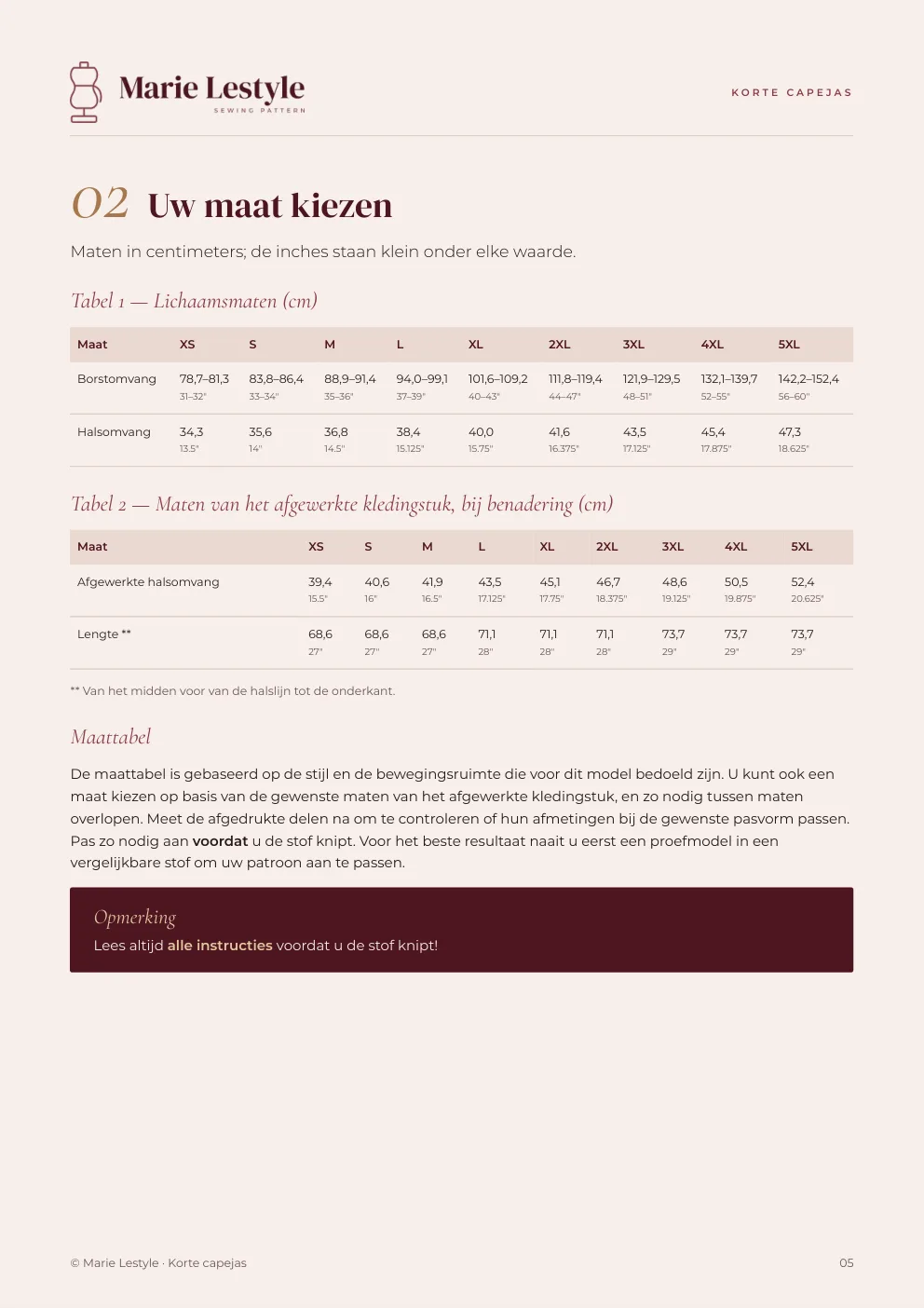 Handleiding van de Korte capejas: de maattabel van XS tot 5XL