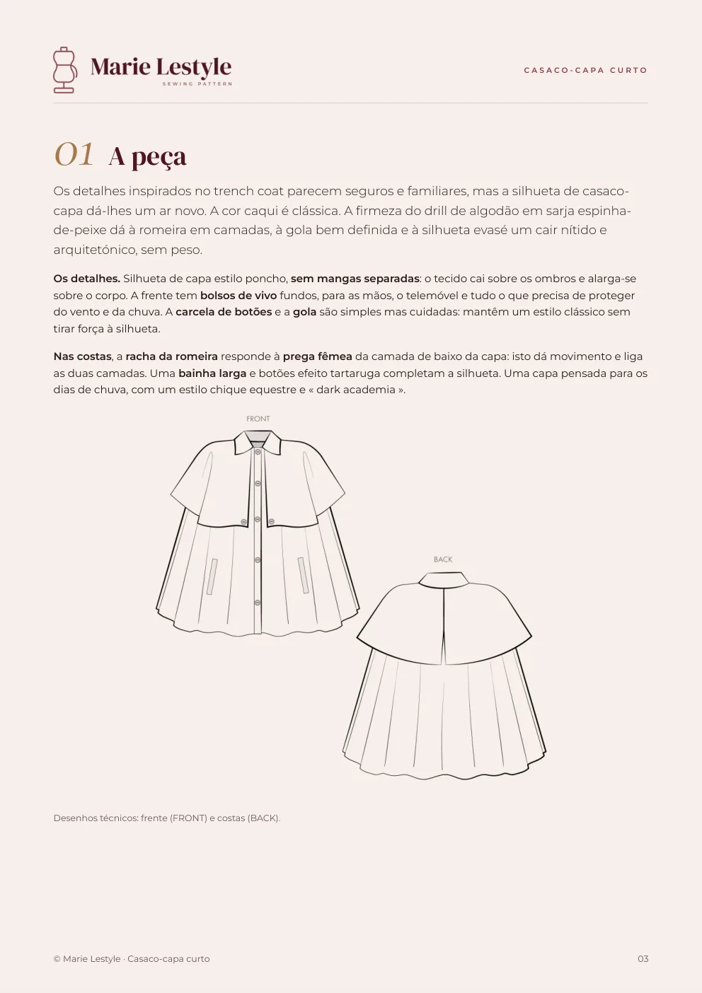 Guia do Casaco-capa curto: a peça e os seus desenhos técnicos