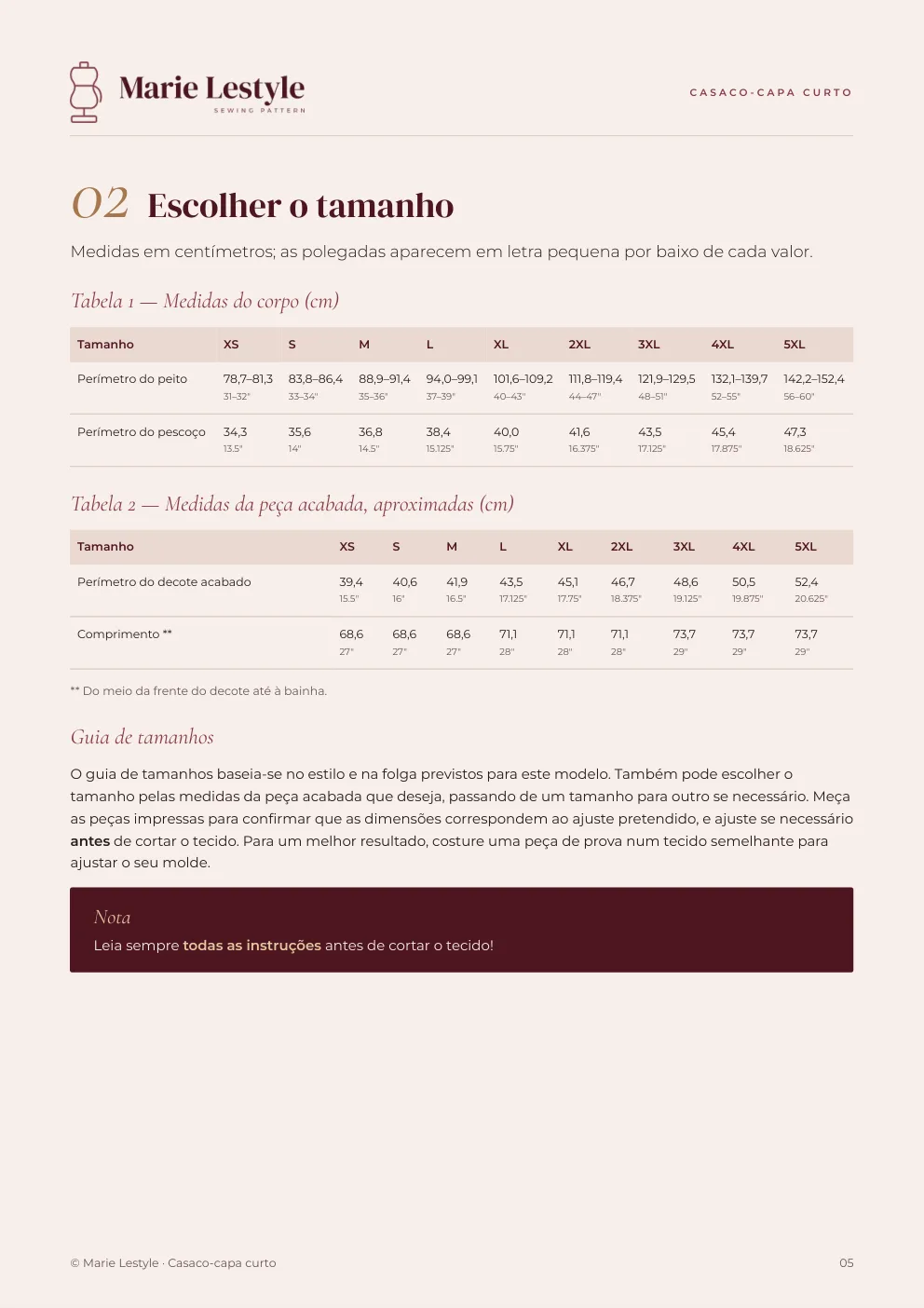 Guia do Casaco-capa curto: escolher o tamanho, tabelas do XS ao 5XL