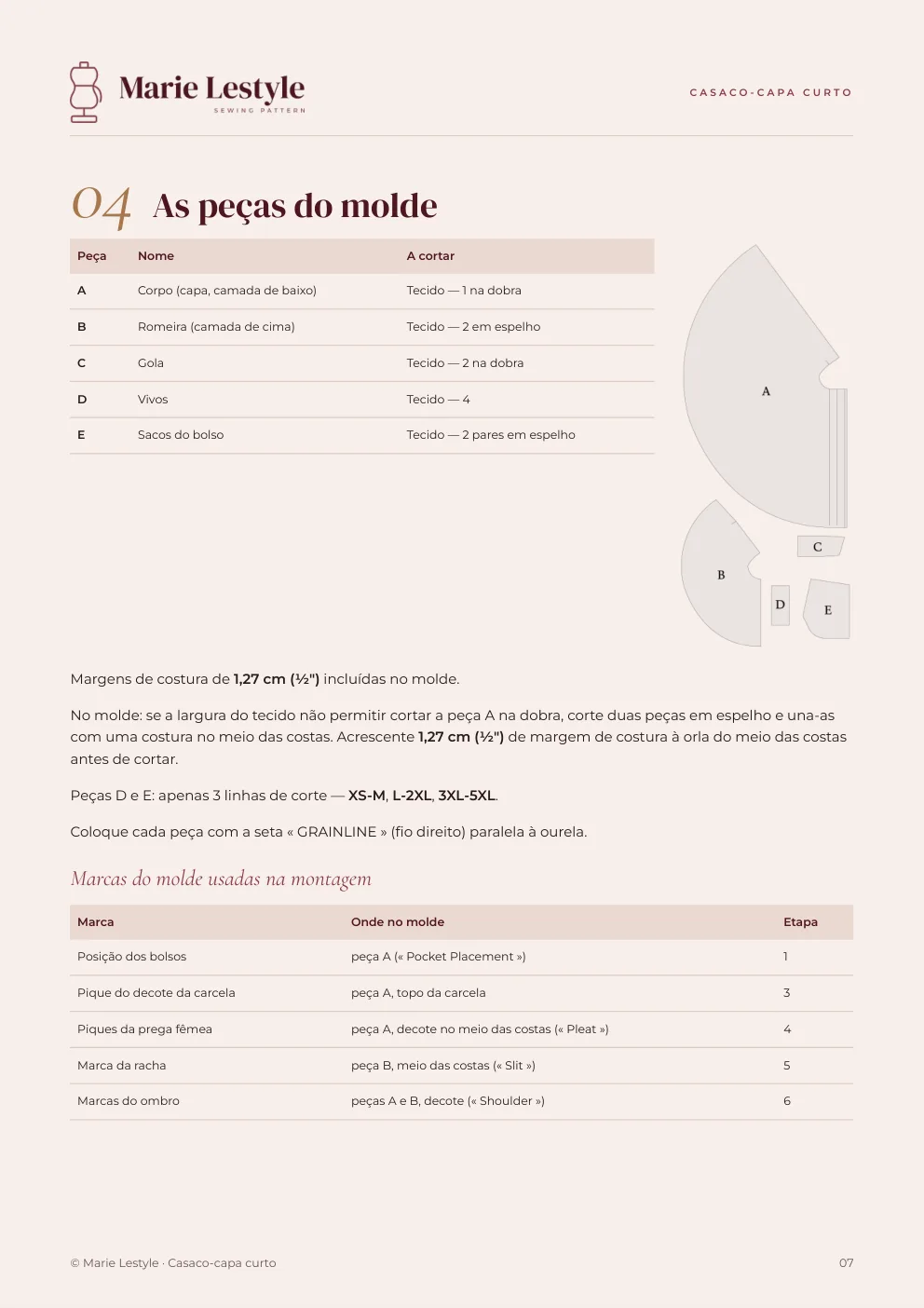 Guia do Casaco-capa curto: as peças do molde e o seu corte
