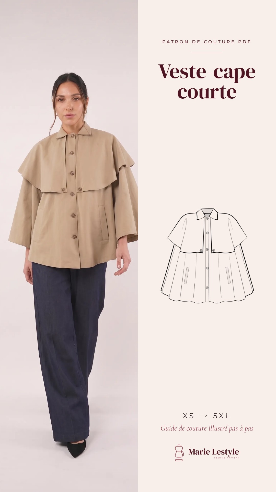 Patron de couture PDF Veste-cape courte : photo portée et dessin technique, tailles XS à 5XL