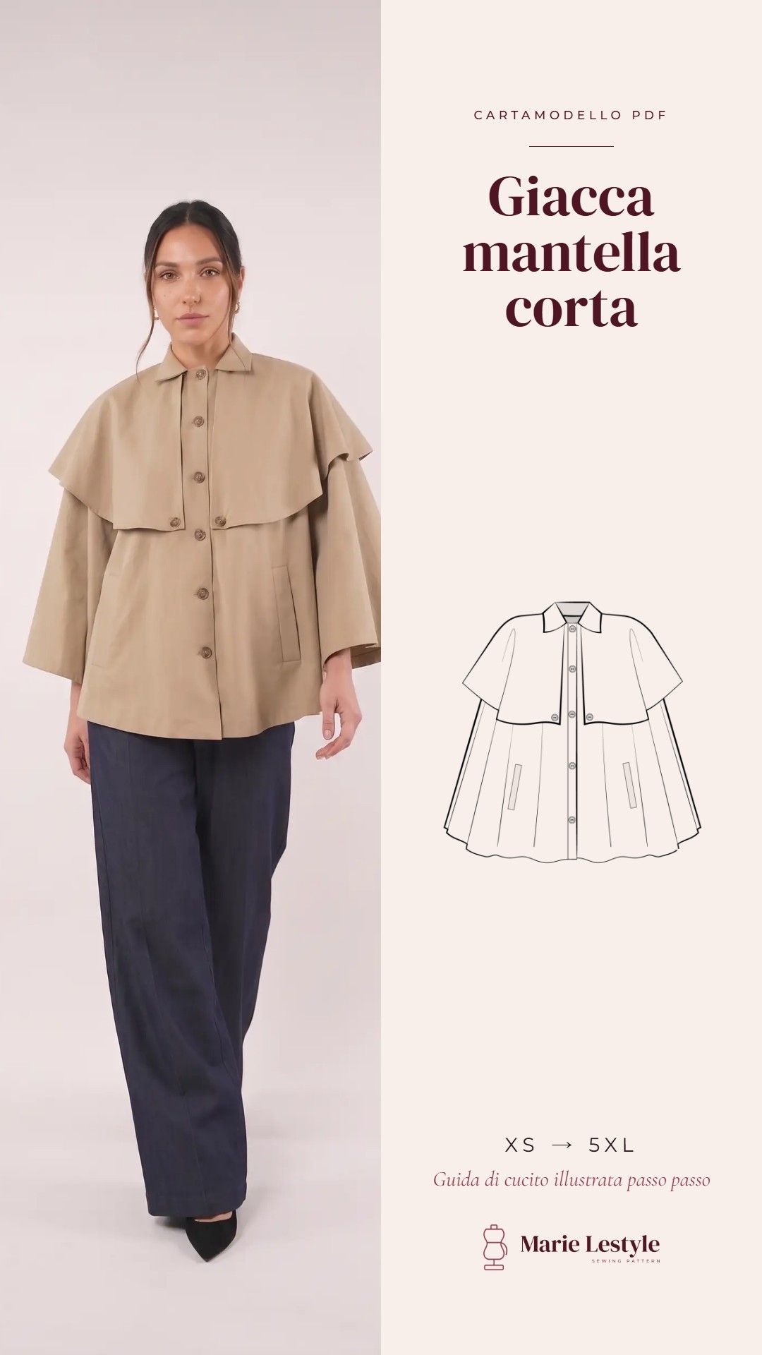 Cartamodello PDF Giacca mantella corta: foto indossata e disegno tecnico, taglie dalla XS alla 5XL