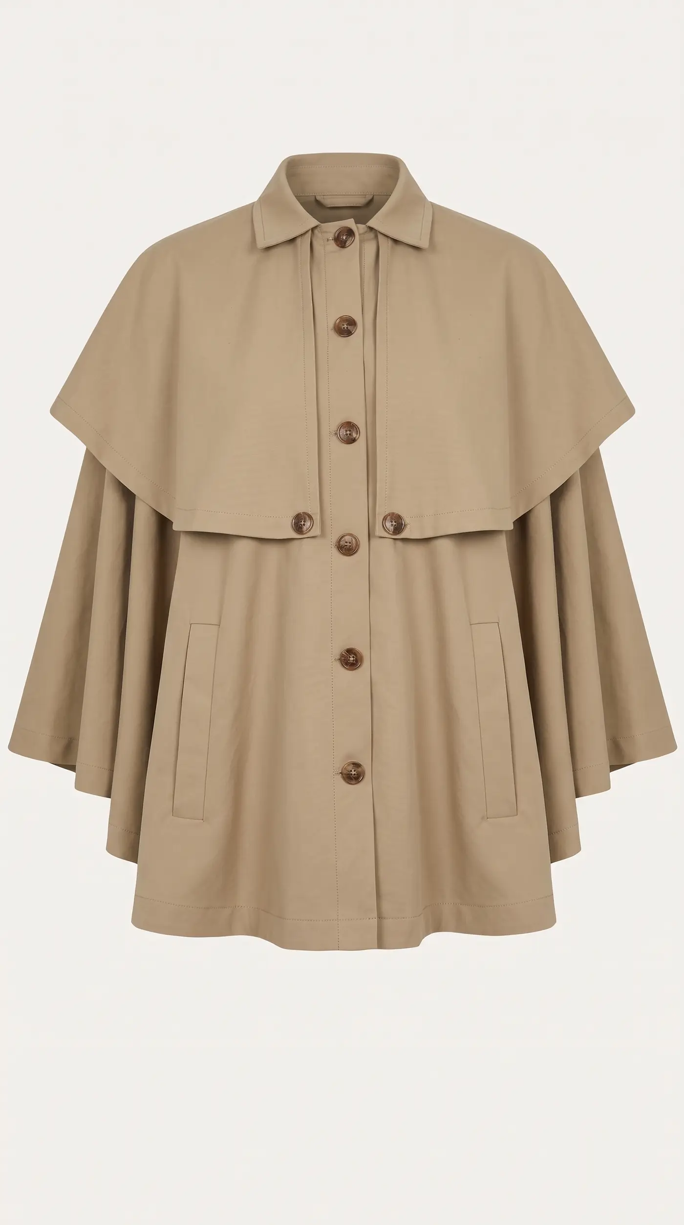 Veste-cape courte vue de face : col, patte de boutonnage et pèlerine